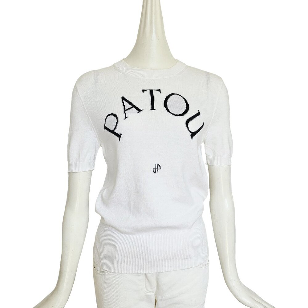 PATOU WHITE SHORT SLEEVES JACQUARD COTTON KNIT TOP (M)